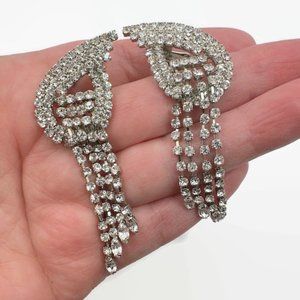 Rhinestone Earrings, Prong Set, Vintage, Sparkling, 3" Long, Clip Ons, Clear